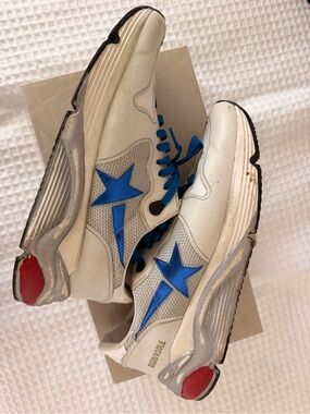 Golden Goose White Sneakers with Blue Star and Red Heel Caps
